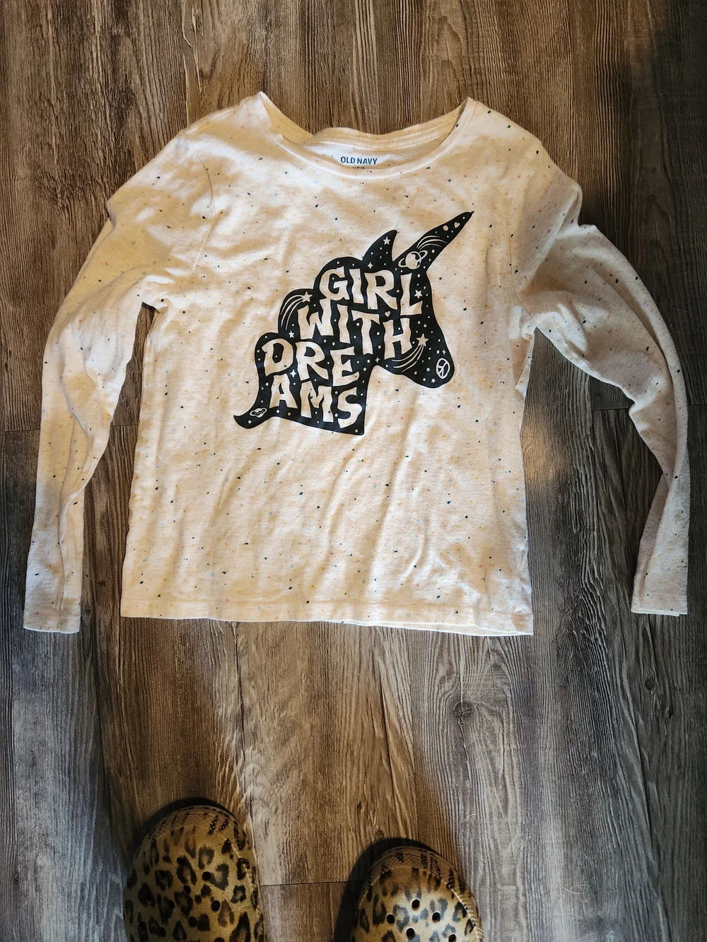 Old Navy Cream Long-Sleeve Tee with Black Unicorn 'Girl With Dreams' Graphic